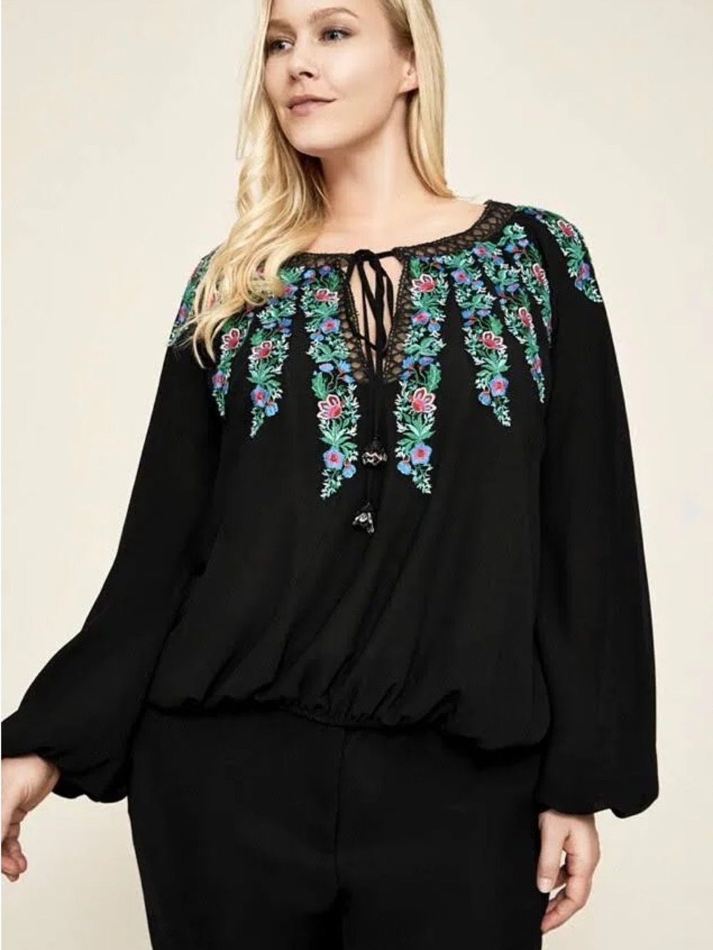 Tadashi Shoji Black Embroidered Floral Blouse